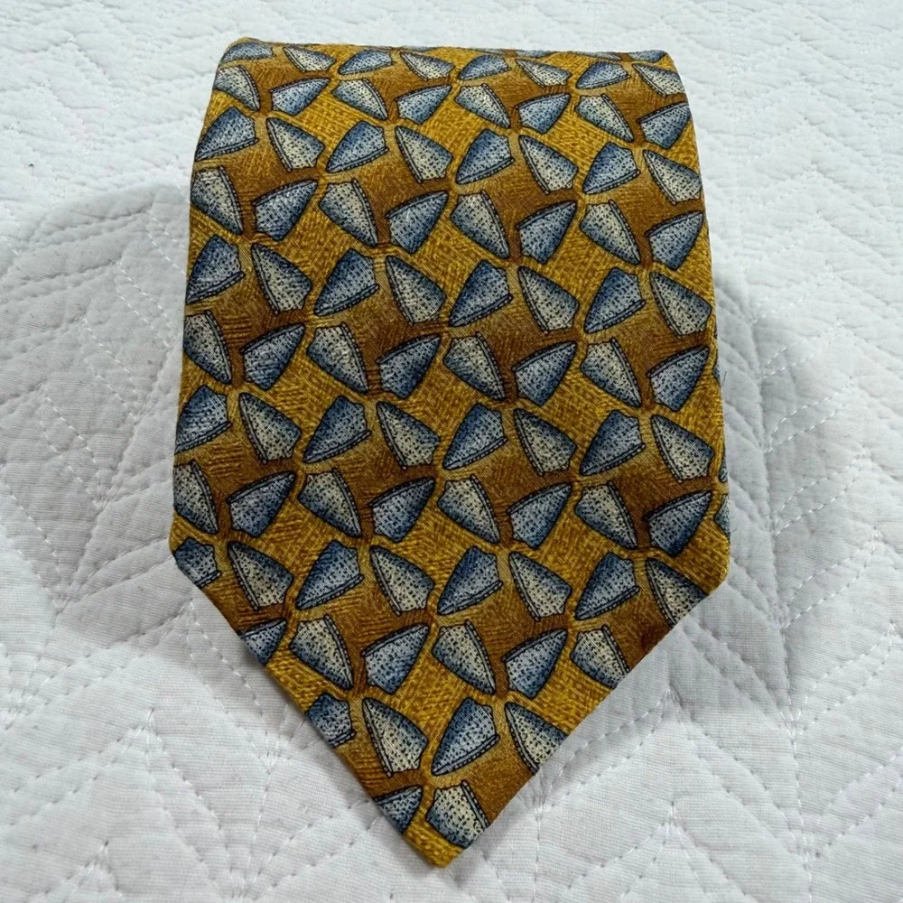 Ermenegildo Zegna 100% Silk Tie Geometric Pattern Mustard Blue Made in Italy Men